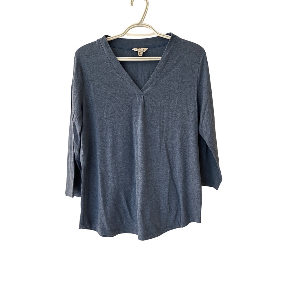 Orvis Classic Collection Womens Blue Linen Blend V-Neck 3/4 Sleeve Top Medium
